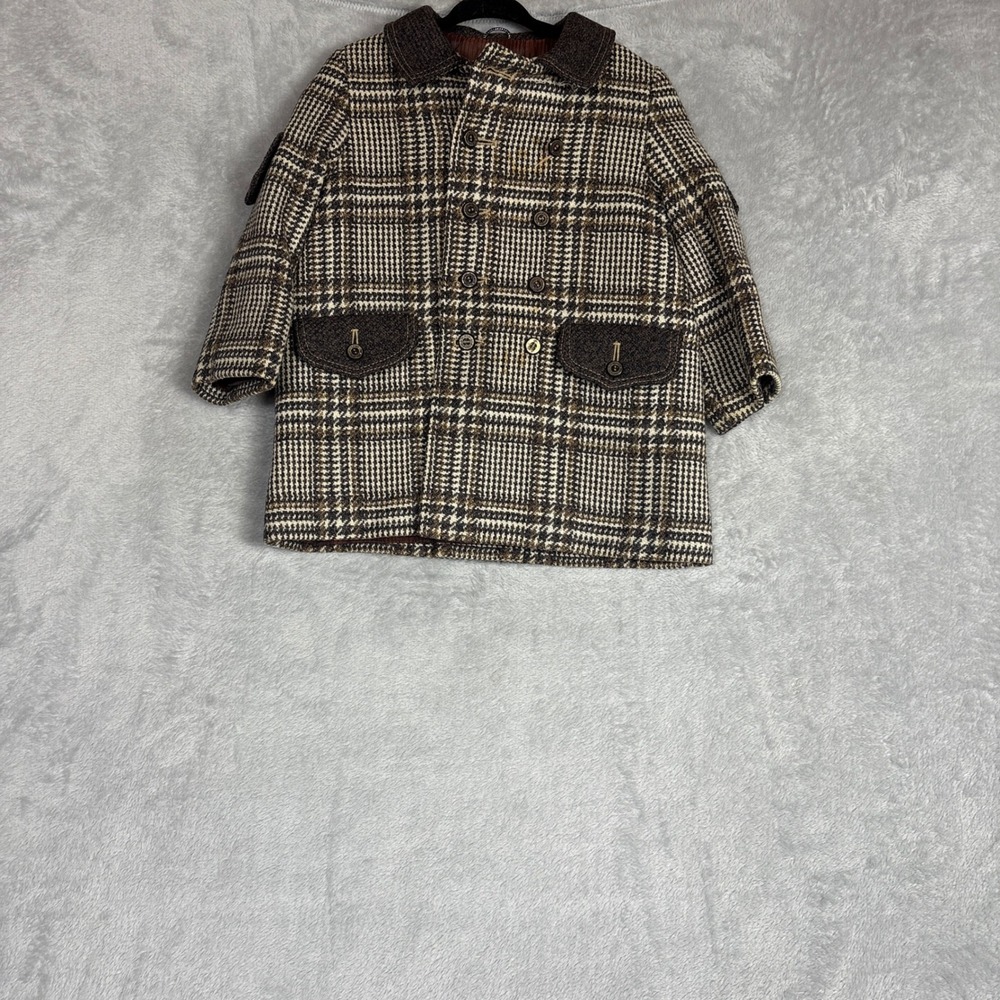 Vintage Wool Coat Kids Fine Woollens Scotland Brown Plaid Double Breasted Fall